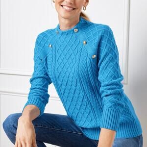 Talbots Women’s L Mockneck Cable Knit Sweater Blue Gold Embellished Buttons EUC